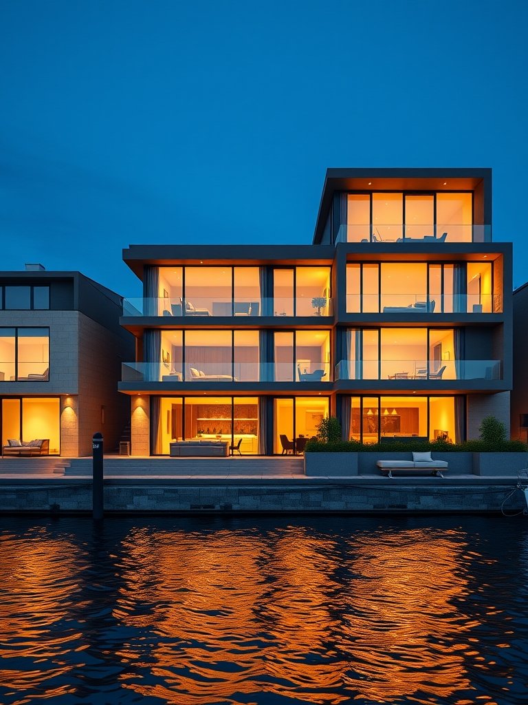 Casa Verlaine, a five bedroom home overlooking the water in Harbor North, photographed at dusk