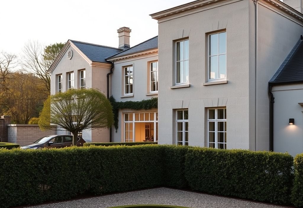 The Halloway House, limestone facade behind a walled garden in Whitfield Hills